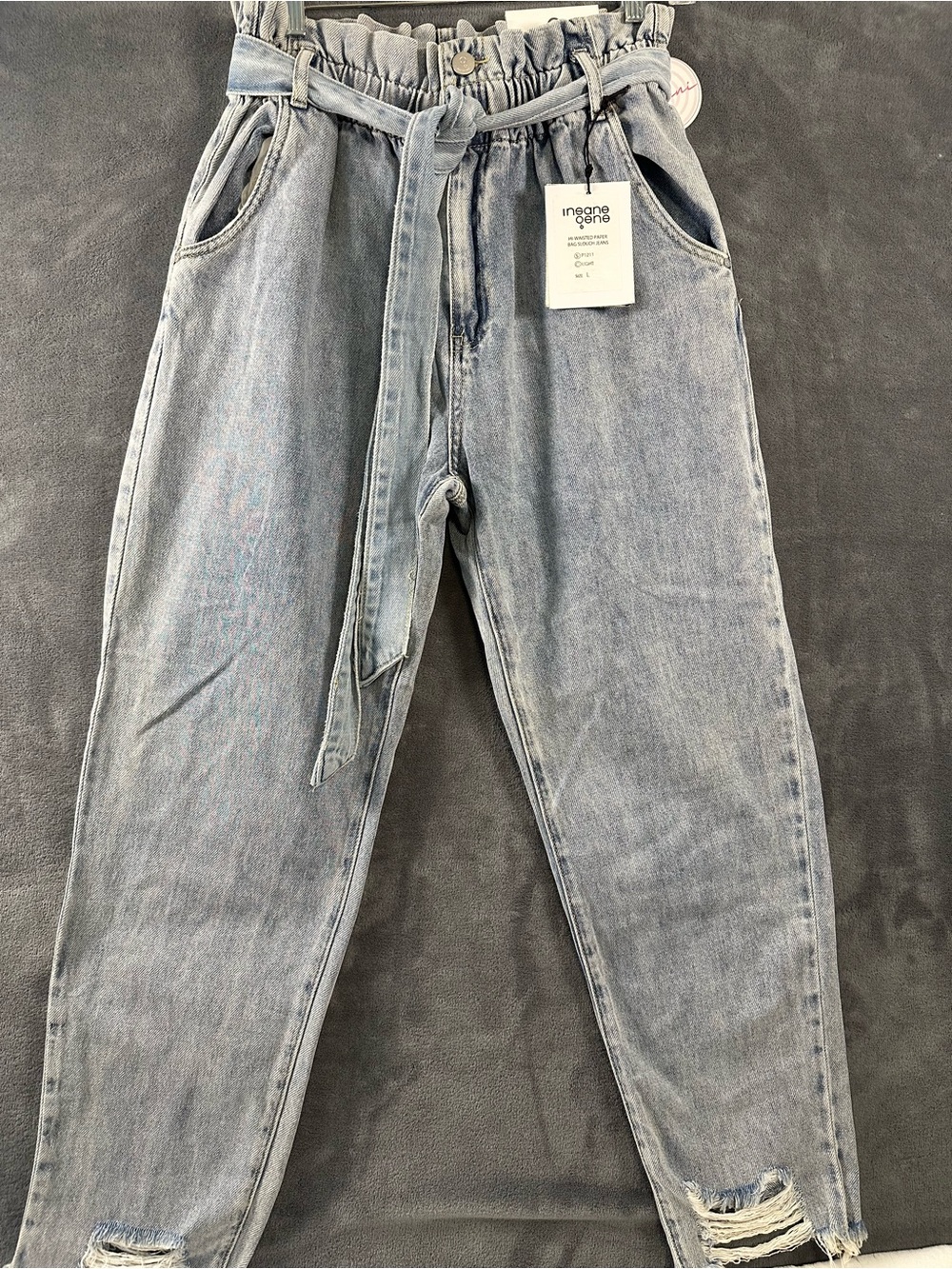 Paperbag High-Rise Ankle Jeans with Self-Tie Belt — Light Blue